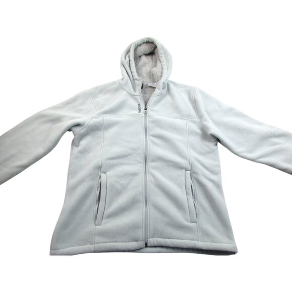 Reebok Fleece Hoodie Women's Large Light Gray Sherpa Lined‎ Long Sleeve Full Zip - Picture 1 of 10
